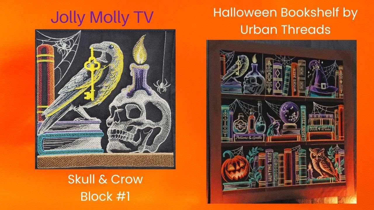 Build A Halloween Bookshelf Wall Hanging Crow Block #1 Machine Embroidery Sew-a-long Urban Threads
