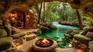 Cozy Morning River Cave Cabin Ambience 🌊🔥 Relaxing Fire Pit, Calm Birdsong & Peaceful Nature Sounds