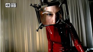 Crazy doctor in Red latex, testing strange experiment with patients