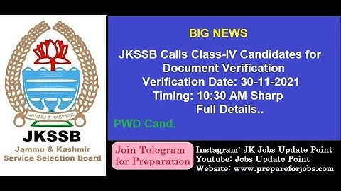 JKSSB Calls Class-IV Candidates for Document Verification | 30-11-2021 Last Date| Full Details..