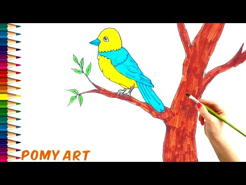 Draw Bird Sitting On The Tree Branch | Easy Bird Drawing for kids ...