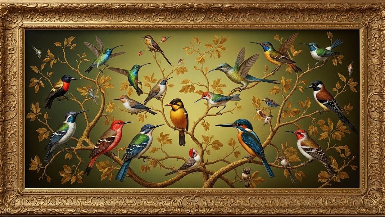 Frame TV Art: Vibrant Exotic Birds on Golden Branches | 4K Ambient Art