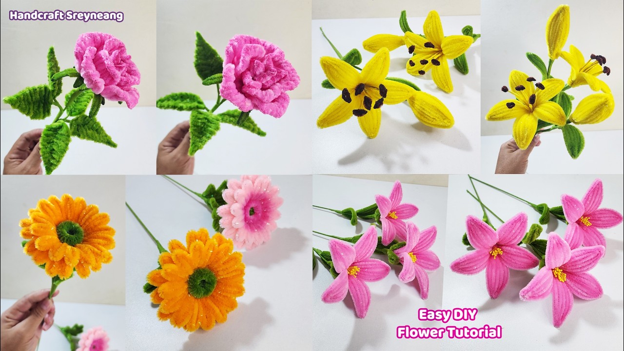 4 простых цветка из проволоки для чистки трубок своими руками 🌼🌸 Лилия, роза, ромашка и розовые ц...