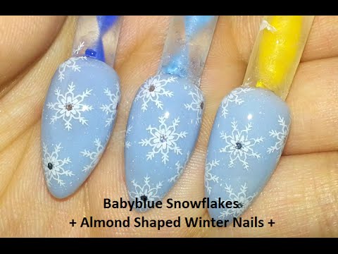 Snowflakes  Acrylic youtube  diy Winter nails on YouTube  Nails  Shaped Almond  Babyblue acrylic DIY