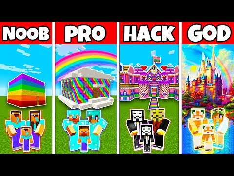 Minecraft: FAMILY RAINBOW HOUSE BUILD CHALLENGE - NOOB vs PRO vs HACKER vs GOD in Minecraft