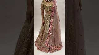 Beige D Honeycomb Floral Embroidery Lehenga Set With Peach Tulle Dupatta Kambw54