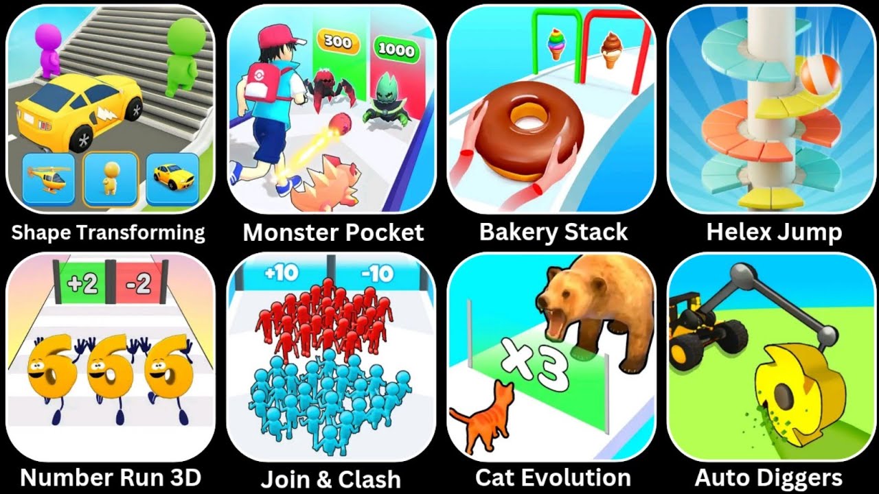 Shape Transforming, Auto Diggers, Cat Evolution, Number Run 3D, Helex Jump, Bakery Stack New Updates