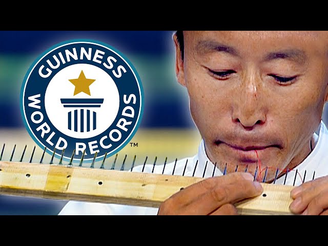 Most Needles Threaded With The Mouth - Guinness World Records class=