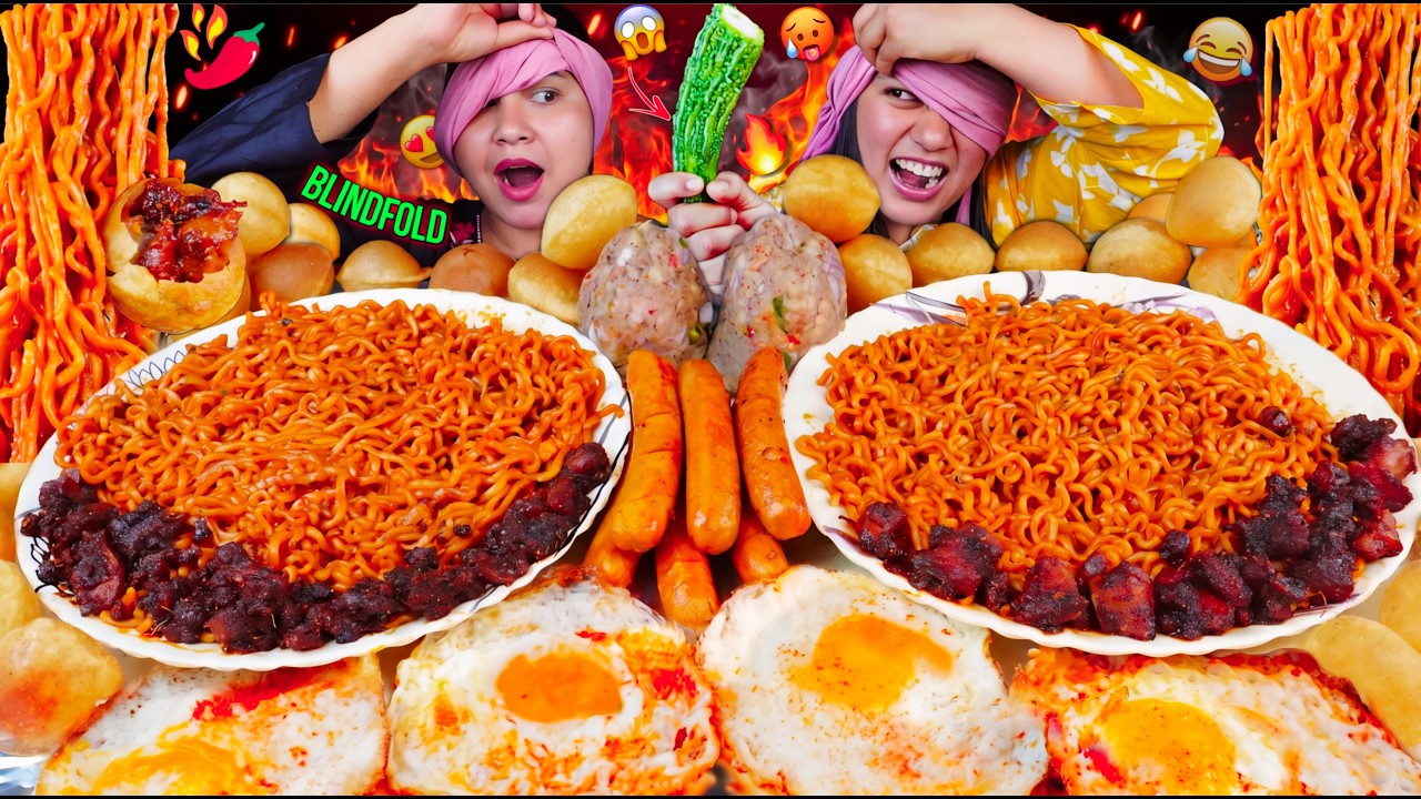 EXTREME SPICY BLINDFOLD EATING CHALLENGE 🔥 LOSER EATS BITTER GOURD  Buldak Noodles,Panipuri & Pickle