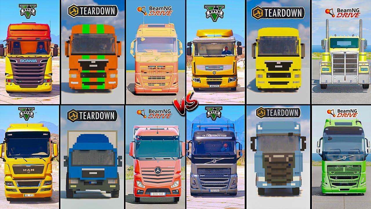 VOLVO TRUCK VS ACTROS VS SCANIA VS RENAULT TRUCK IN GTA 5 VS TEARDOWN VS BEAMNG - WHICH IS BEST ?