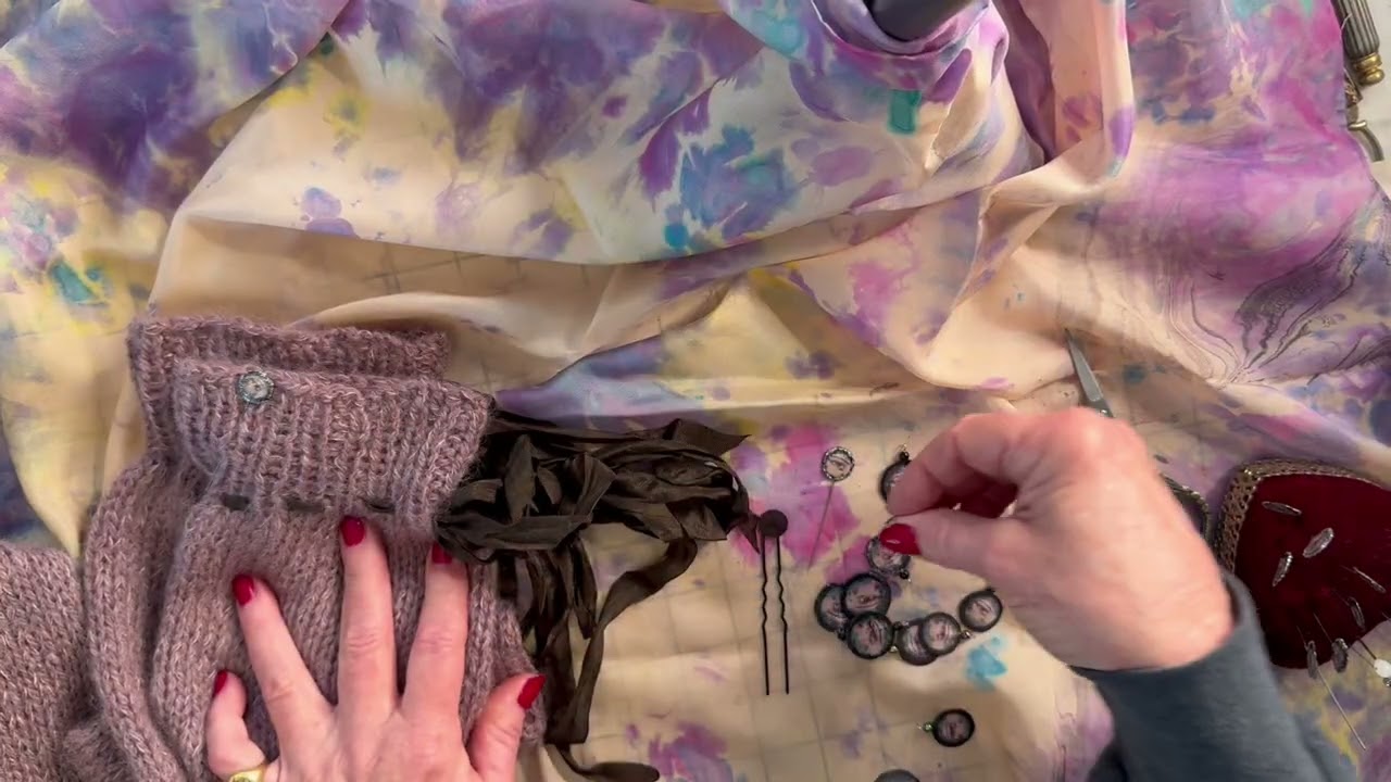 Lover’s Eye buttons & brooch, hand knitted cardigan with hand painted silk scarf 