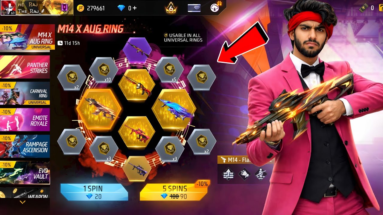 M14 X AUG RING SPIN 🐔 | FREE FIRE NEW EVENT| FREE FIRE NEW UPDATE  | NEW LUCK ROYAL 