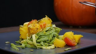 Vegan Spinach Tagliatelle with Pumpkin and Cherry Tomatoes