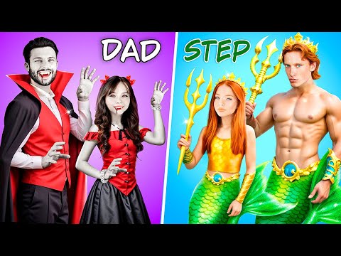 Nerd Wished to Become a Dark Mermaid! Vampire Dad vs Merman Stepdad!