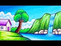 How to Draw Easy Scenery | Drawing Waterfall in the Village Scenery Step by Step with Oil Pastels