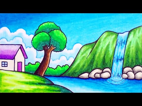 How to Draw Easy Scenery | Drawing Waterfall in the Village Scenery Step by Step with Oil Pastels