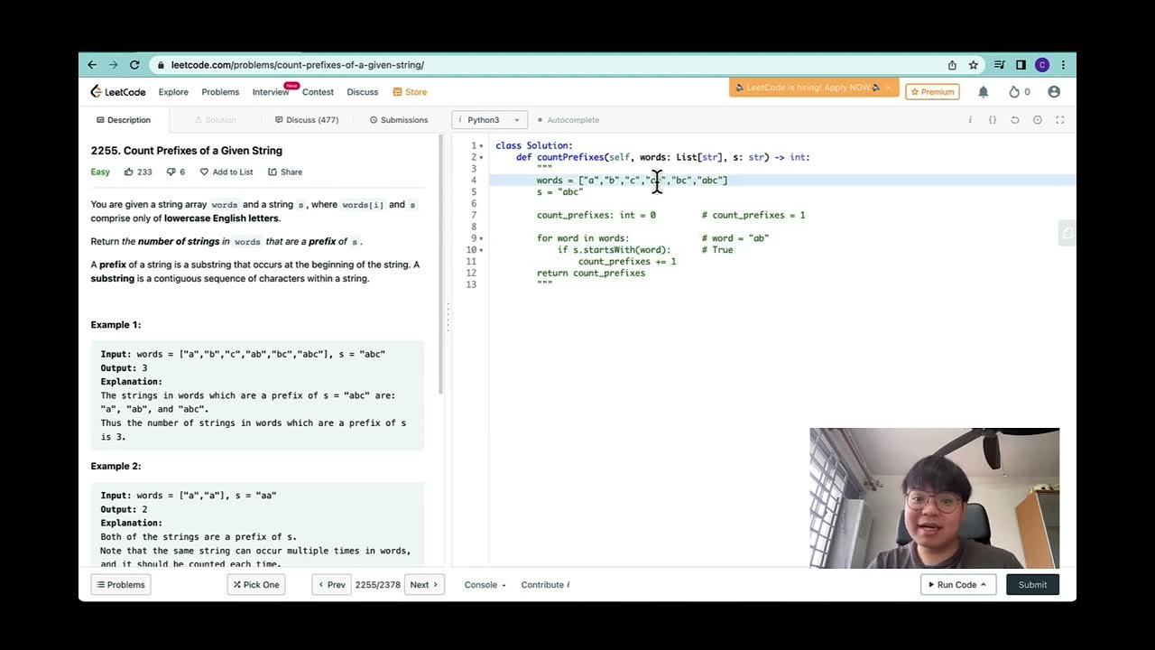 Leetcode Python Easy Count Prefixes of Given String (Linear