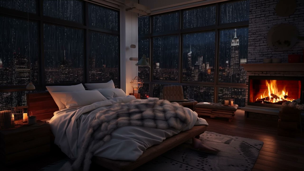 Cozy Balcony Atmosphere With Gentle Rain And Crackling Fireplace 💤 Nocturnal Harmony