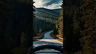 "Scenic Road Trip Through Lush Mountain Forest: Driving on a Winding Road"