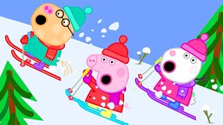 peppa goes skiing on a snowy mountain