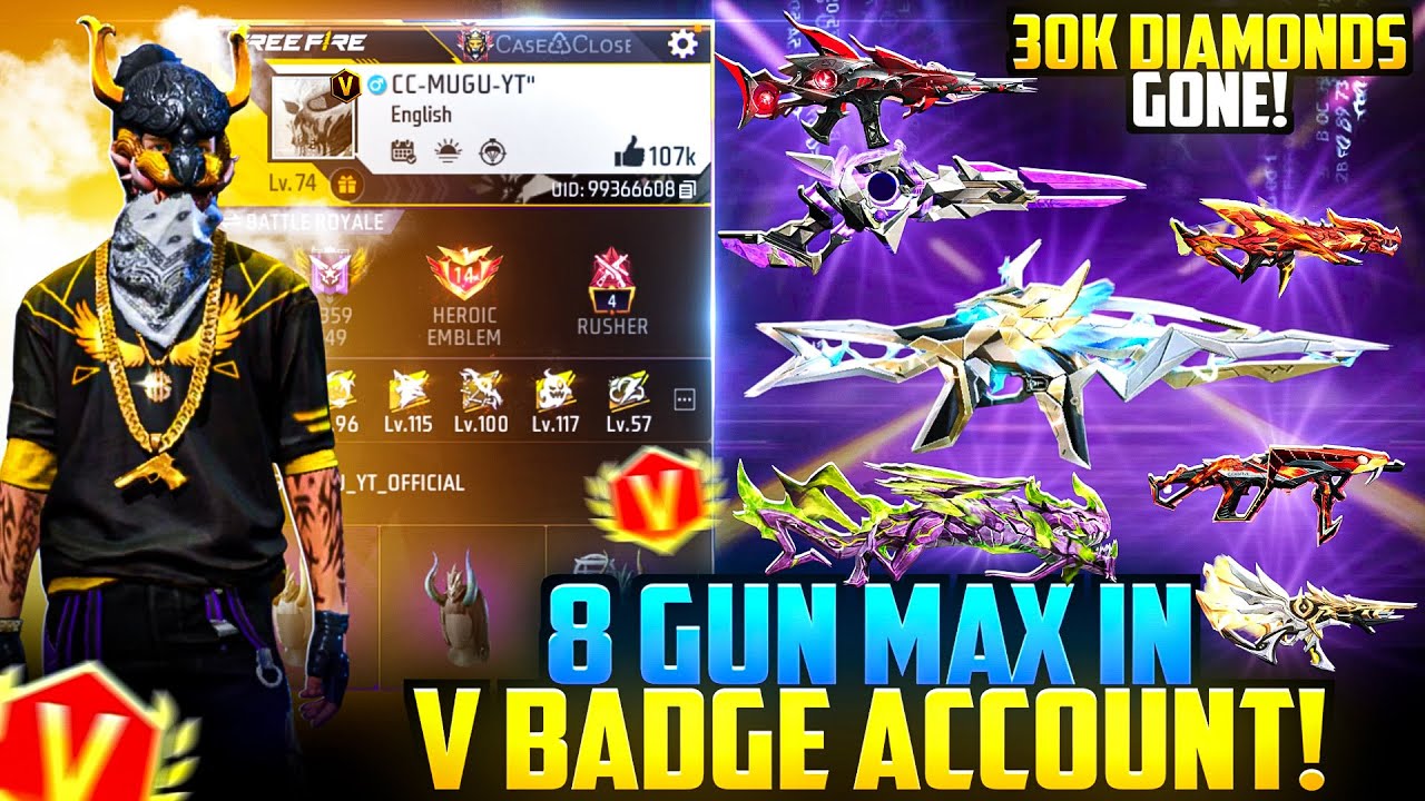 8 GUNS MAXED in V BADGE ACCOUNT 😱🔥 | Only 30K Diamonds Gone 💎 | Free Fire MAX