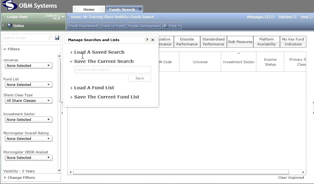 Investments Profiler - Customising Search Filters & Saving Search Criteria