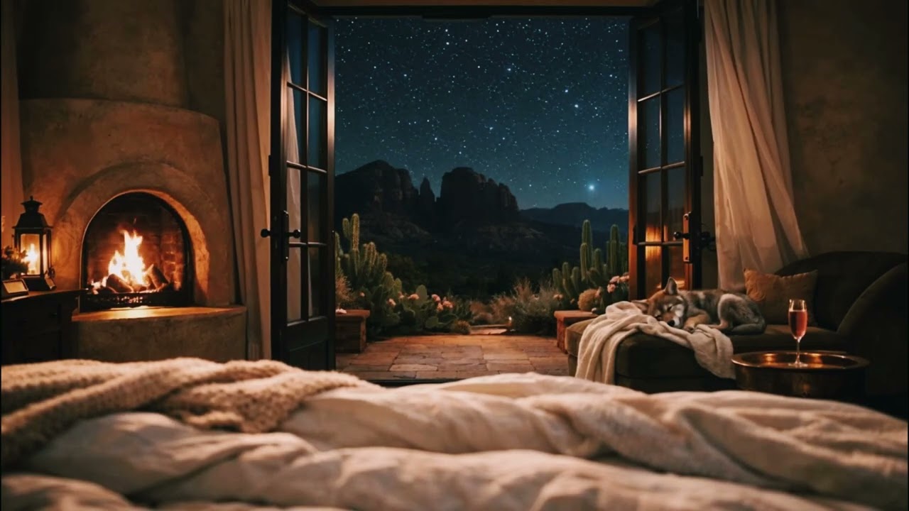 Desert Night Bedroom POV in Bed | Fireplace & Nighttime Nature Ambience | Relax or Sleep (6 Hours)
