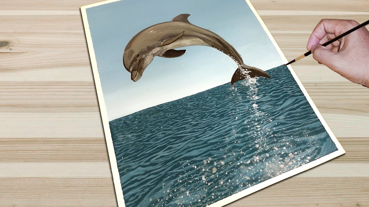 How to Draw Scenery of Dolphin in Beach / How to Paint Scenery of Dolphin in Beach / Easy Painting