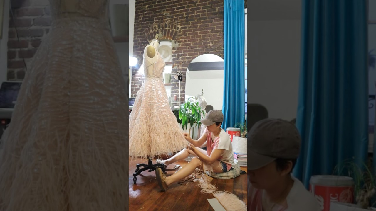 Making a custom ostrich feather bridal dress for a client! Ah! So pretty! #shorts