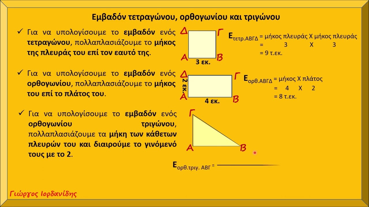 Εμβαδόν τετραγώνου, ορθογωνίου και τριγώνου.