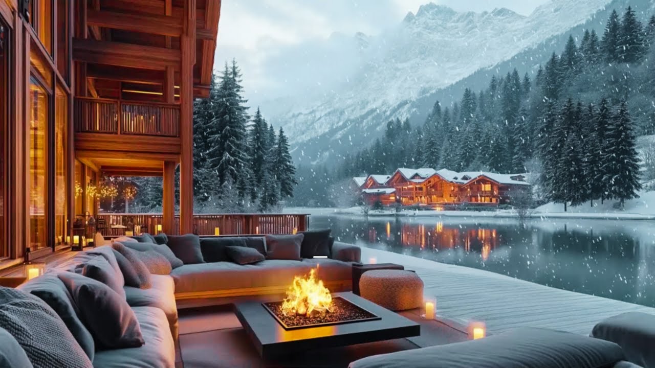 Warm Fireplace and Soft Piano Music for Deep Sleep | Winter Snowfall ...