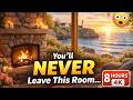 COZY SPRING FIREPLACE 🌸 Ocean View at Sunset | 8 Hours Relaxing Waves & Ambience (4K Ultra HD)