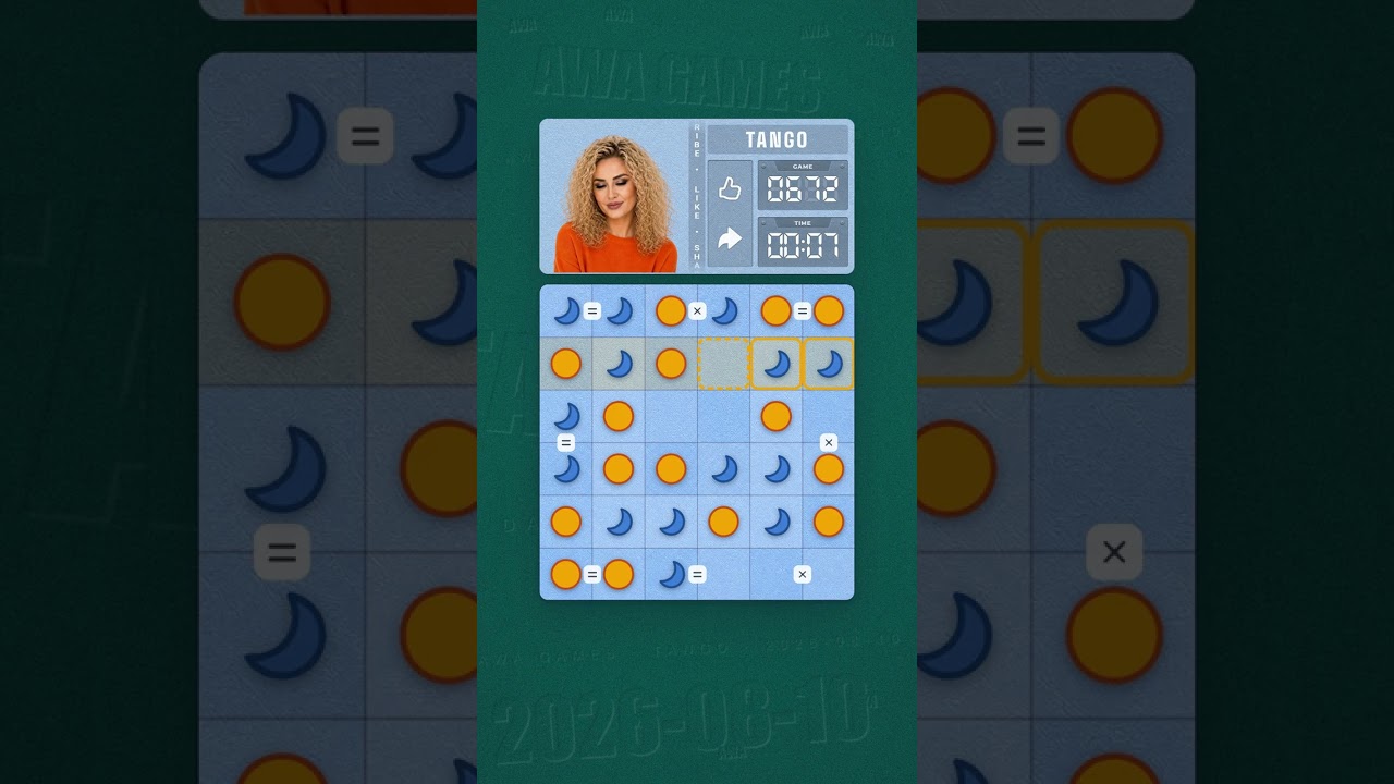 LinkedIn Tango #672 solved board for August 10, 2026, 6x6 grid