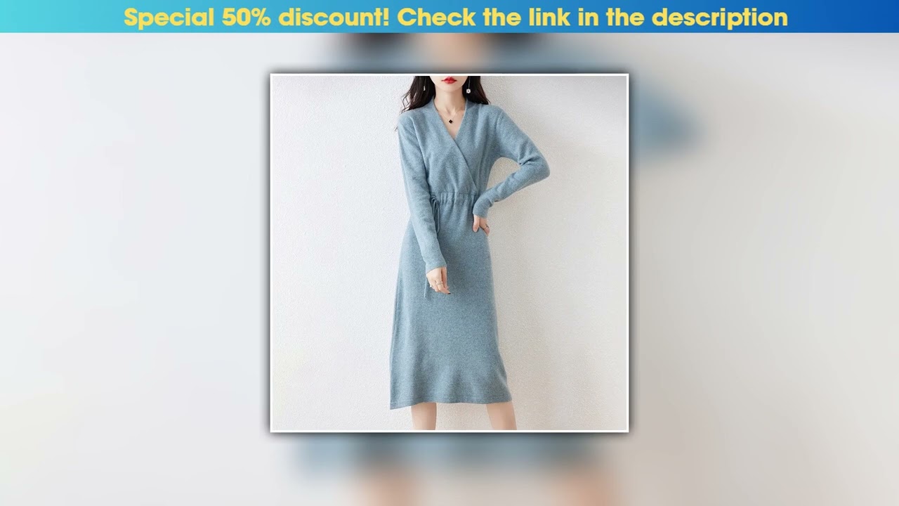 Must Buy New Women's 100% Merino Wool Dress Autumn Winter Cross V-neck Knit Pullover Dress Long Swe
