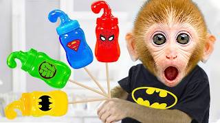 Macaco Bon Bon e sua equipe de Superheroes fazem balas de gelatina coloridas | BonBon Em Português