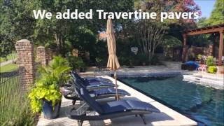 In the video we showcase some work we did involving new travertine pavers, replastering the pool, and building a patio cover and 