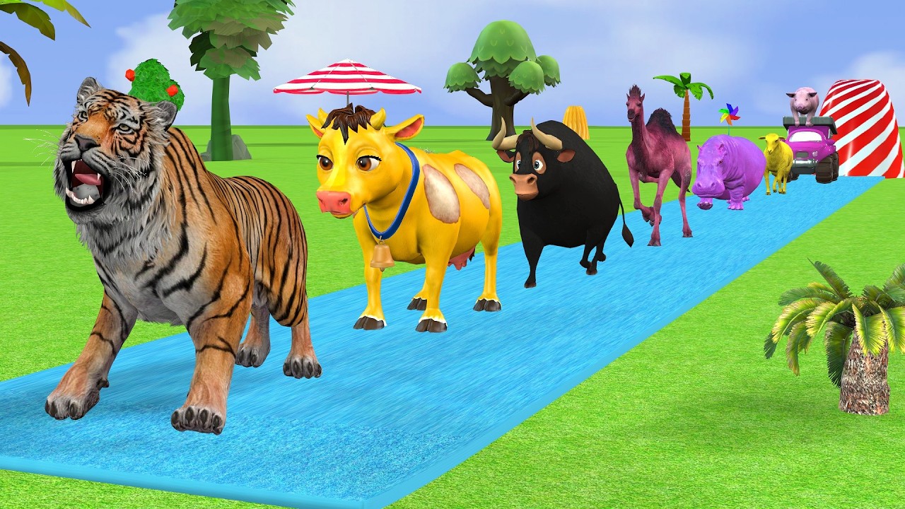Long Slide Game with Bull Duck and animals - Paint crossing fountain ...