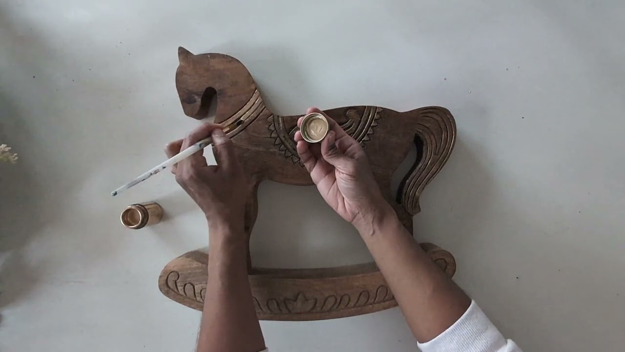 Liquid Gold Leaf Paint | Mango Wood Rocking Horse | Rustic Christmas Decor