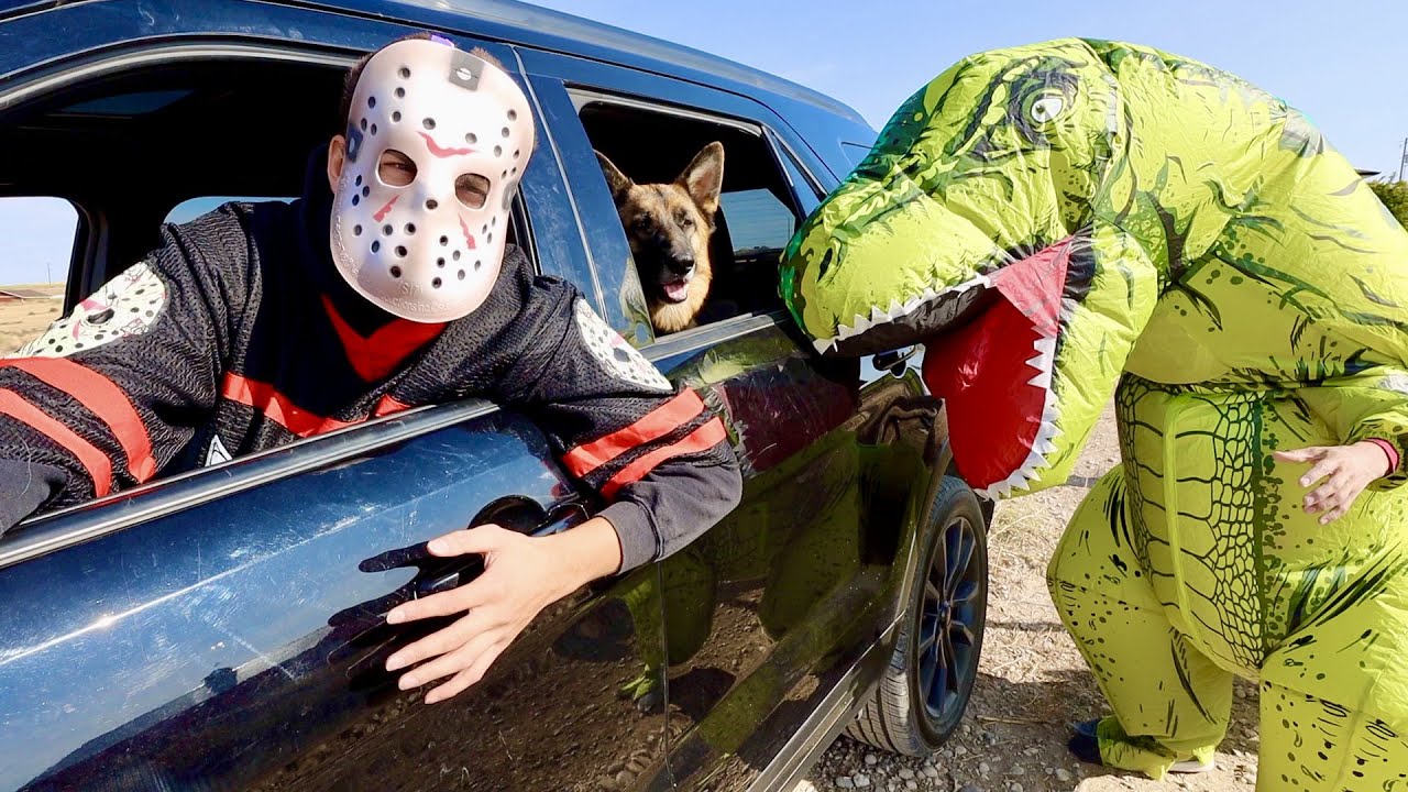 T-rex Surprises Jason & Dog With Car Ride Chase!