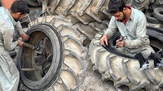 How Expert Tire Technician Replace Tractor Damaged Tire Sidewall || Tire Sidewall Transformation