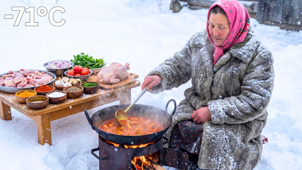Siberian Grandma Cooking  Indian Chicken curry🍗 in -71°C ❄️| Extreme Winter Survival  |