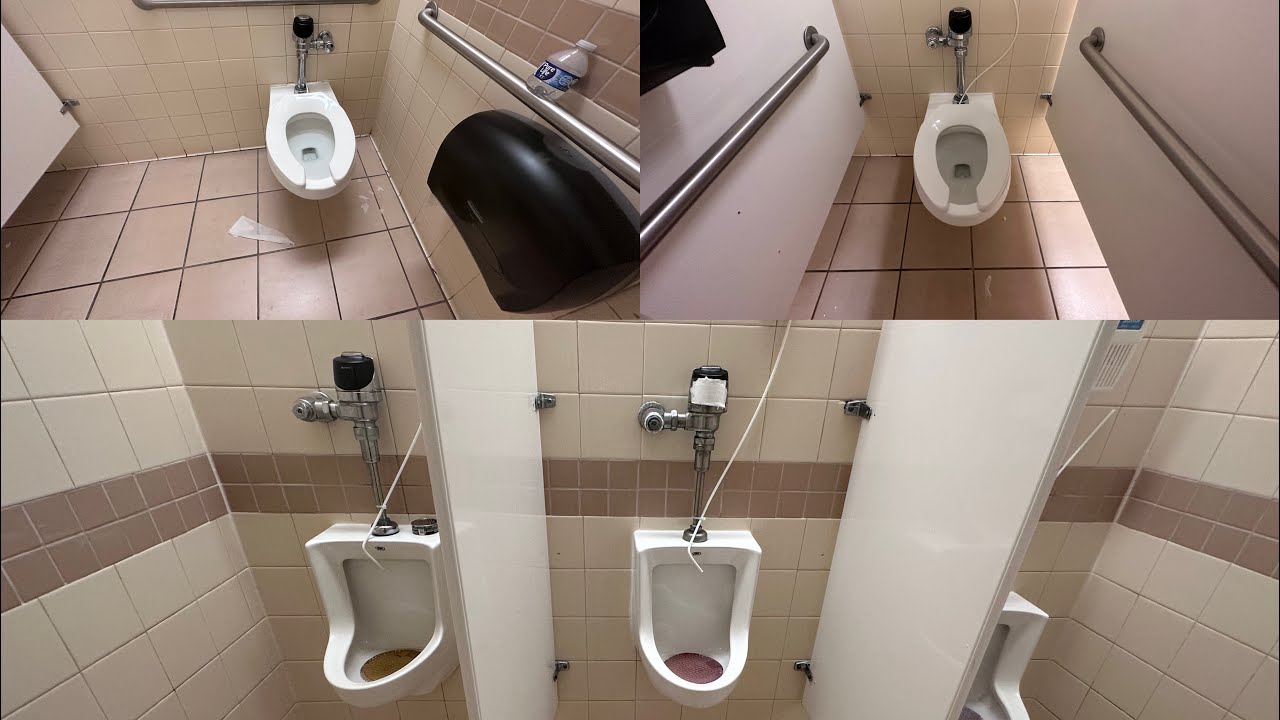 Macy’s men’s restroom with mostly 2000 Eljer fixtures. YouTube