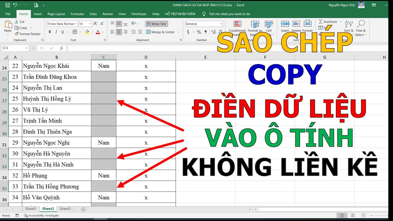 Cách copy sao chép điền dữ liệu vào các ô tính không liền kề trong ...