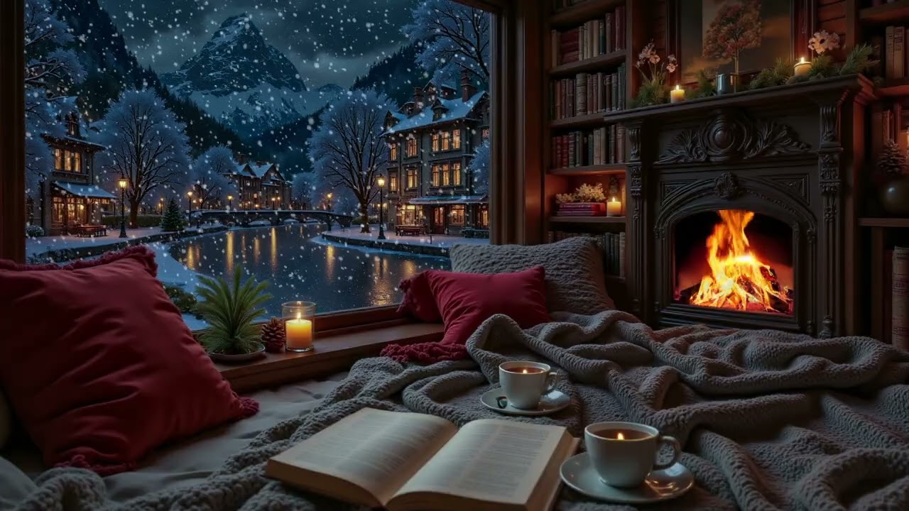 Cozy Winter Ambience ❄️ Rustic Fireplace Glow, Snowy Village View & Calm Night for Deep Sleep