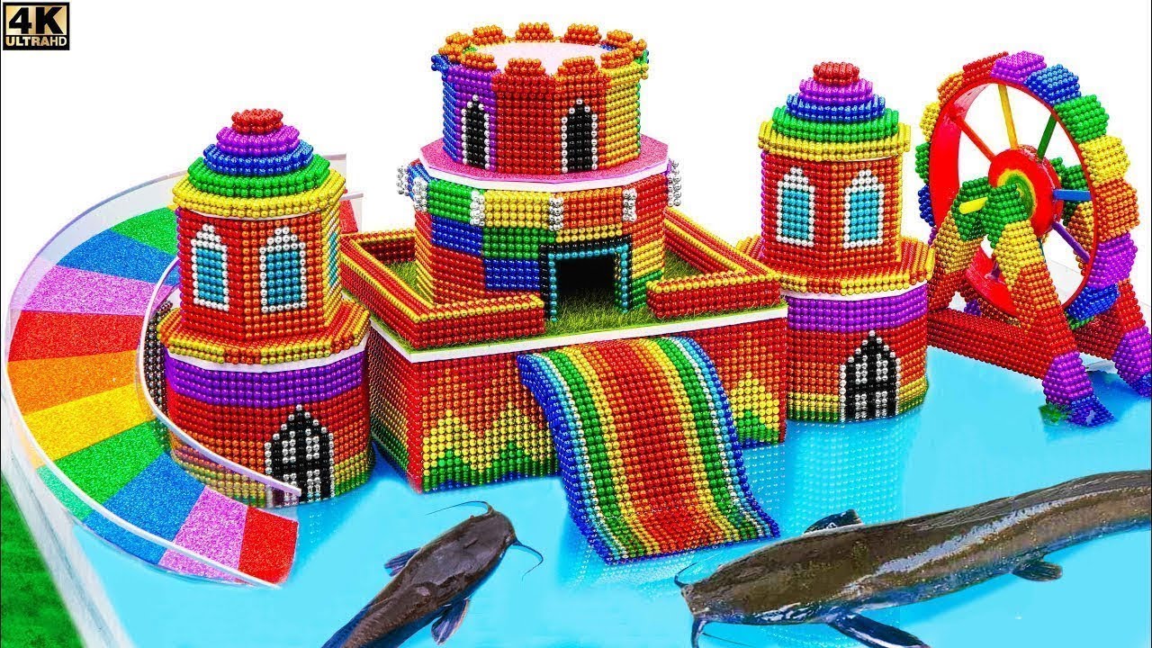 DIY How To Build Rainbow Water Slide Playground, WaterWheel From Magnetic Balls For Catfish
