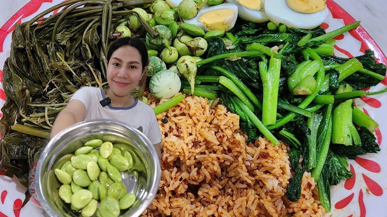 น้ำพริกคลุกข้าว ผัดผักกวางตุ้ง ไข่ต้ม ผักกุ่มดองผักเสี้ยนดอง