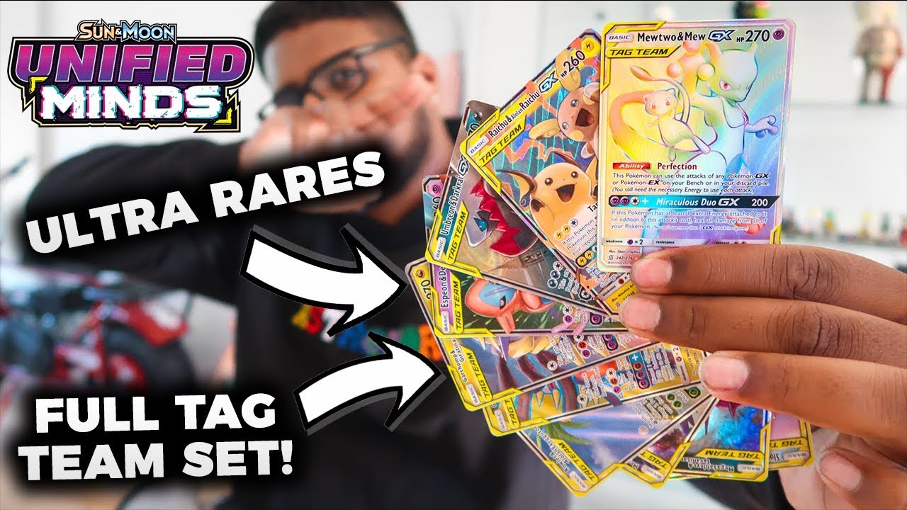 Pulled Rainbow Mewtwo Mew Every Tag Team Card Unified Minds Pokemon 100 Booster Pack Opening
