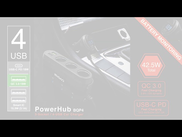 POWERHUB BQP4 3-Socket and 4-USB QC 3.0 and USB-C PD Car Charger