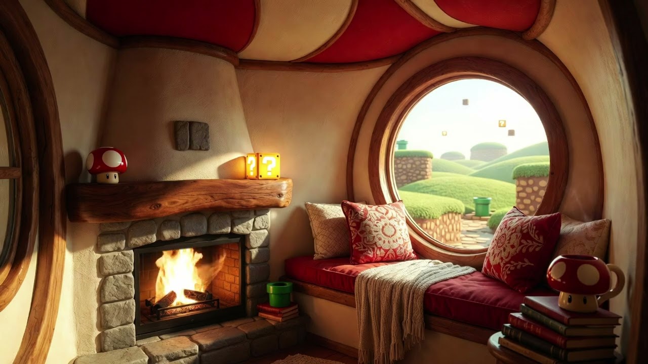 Super Mario Bros Mushroom House Ambience | Cozy Book Nook & Video Game Sounds🍄🔥