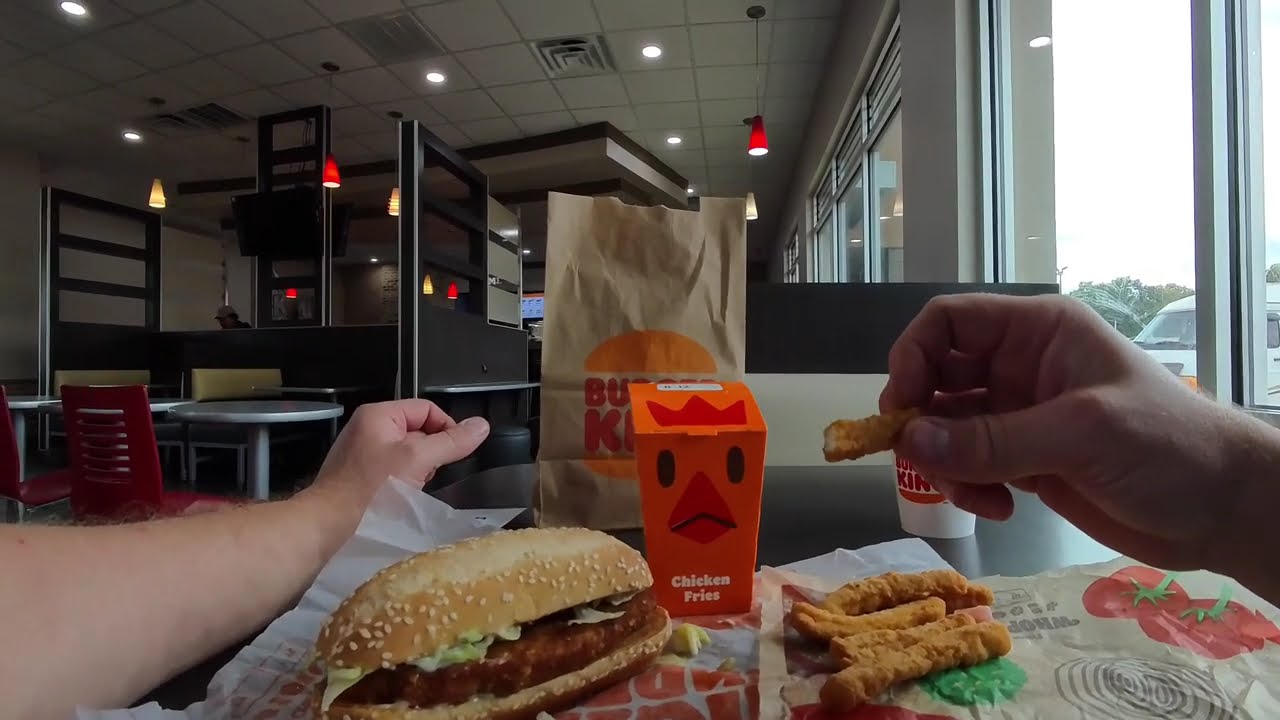 BURGER KING EATING POV 3 FOR 7 SPECIAL FRIED CHICKEN SANDWICH JR WHOPPER CHICKEN FIRS AND WATER LIES